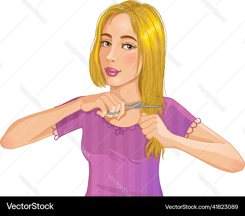 Junge blonde Frau schneidet ihr Haar mit Schere Junge blonde Frau schneidet ihr Haar mit Schere vektorbild
