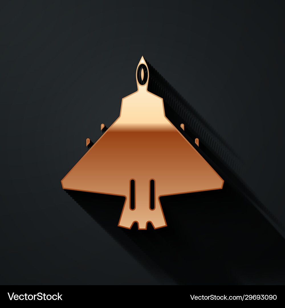 Gold jet fighter icon isolated on black background