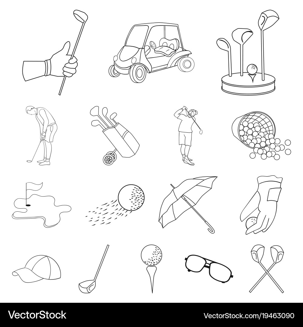 Golf and attributes outline icons in set Vector Image