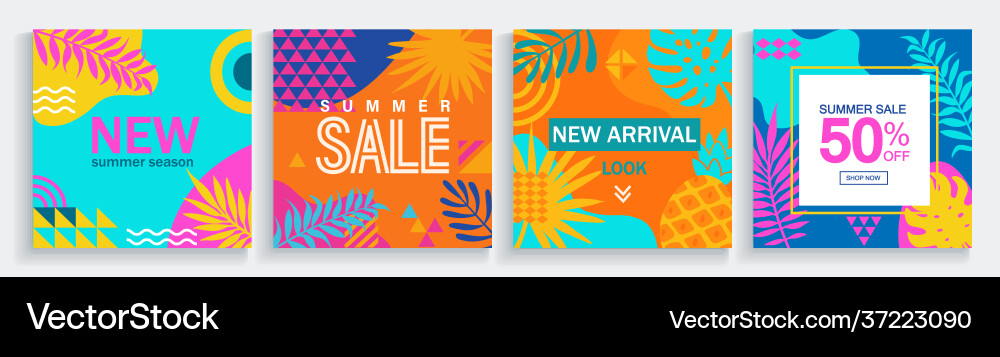 Sale summer cards with geometric and tropical mix Sale summer cards with geometric and tropical mix vector image
