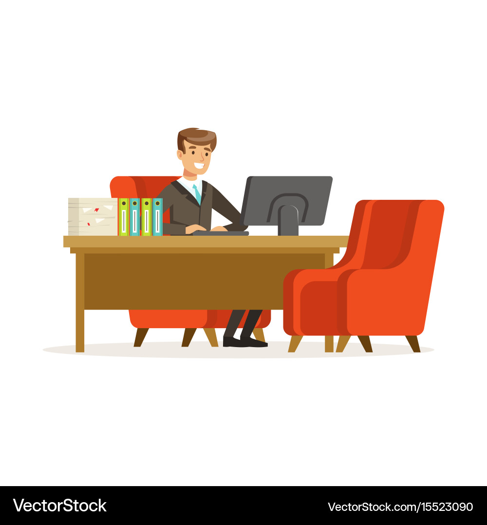 Smiling businessman working with a computer at his Vector Image