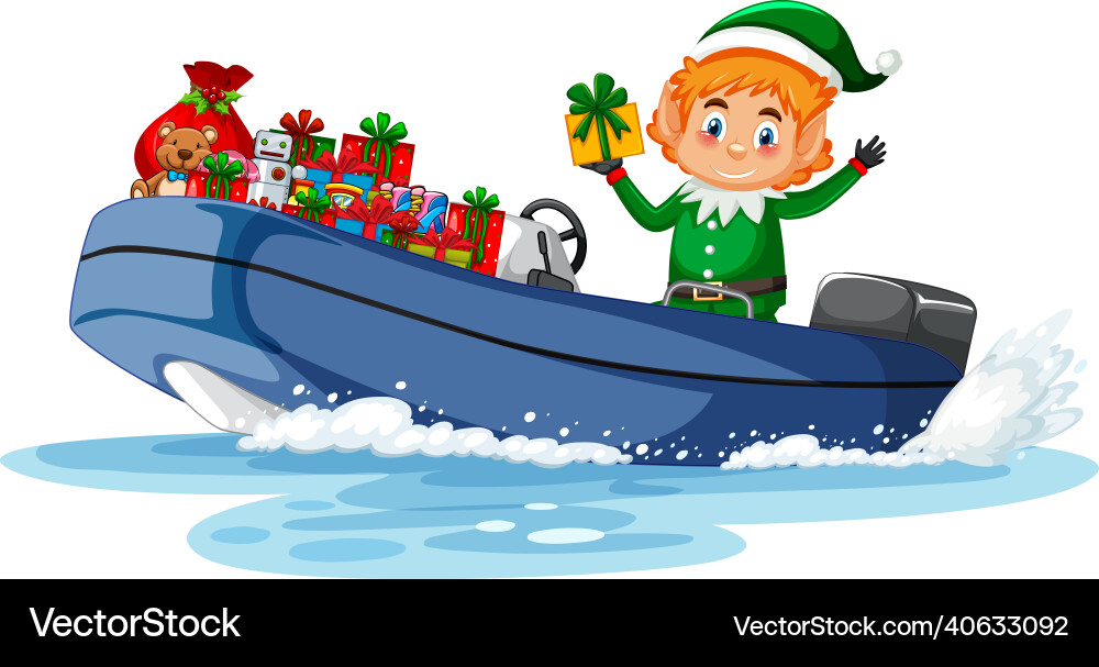 Christmas elf on the boat with his gifts Christmas elf on the boat with his gifts vector image
