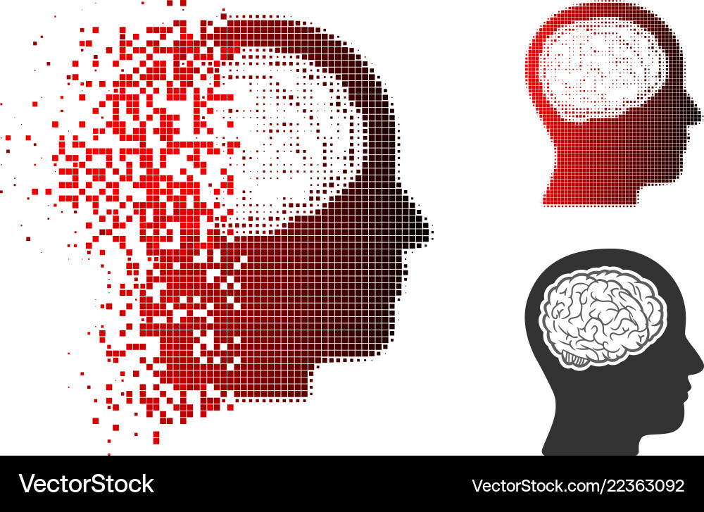 Disintegrating pixel halftone head brain icon Disintegrating pixel halftone head brain icon vector image