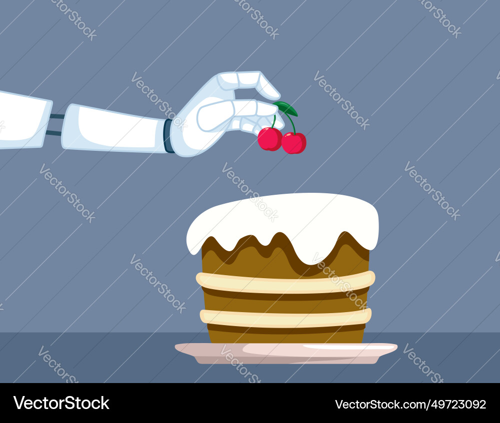 Robotic hand adding a cherry on top of as cake Vector Image