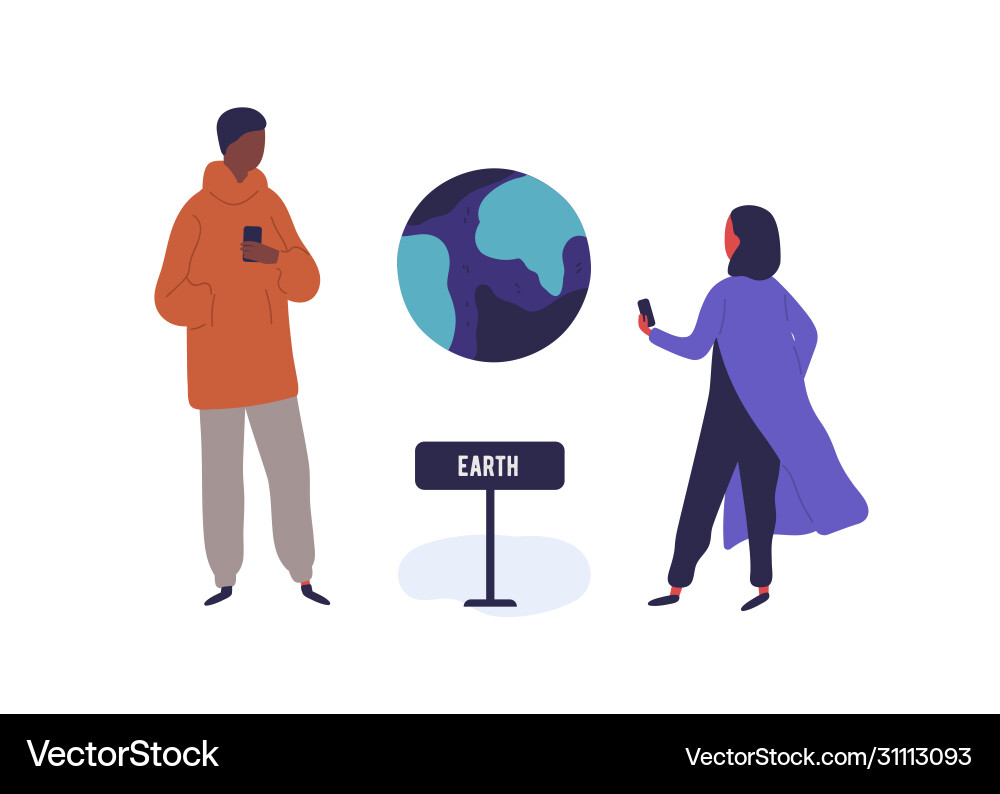 Man and woman visitors photographing earth model Man and woman visitors photographing earth model vector image