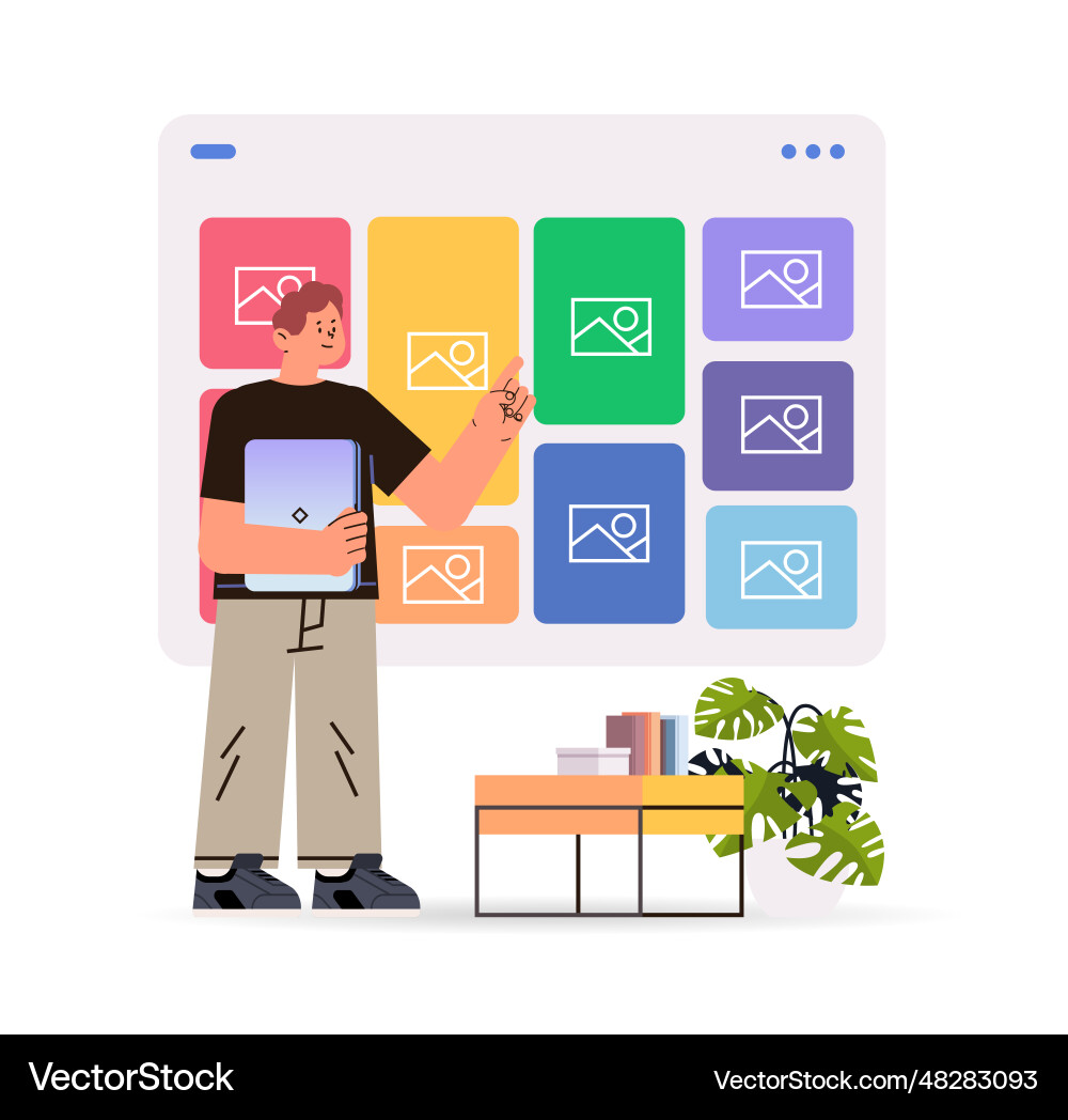 Man using creative portfolio app on computer Man using creative portfolio app on computer vector image