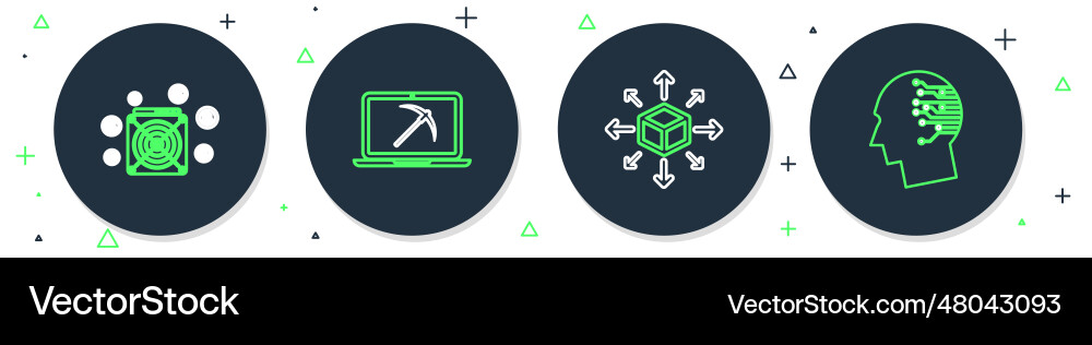 Set line mining with laptop and pickaxe Set line mining with laptop and pickaxe vector image