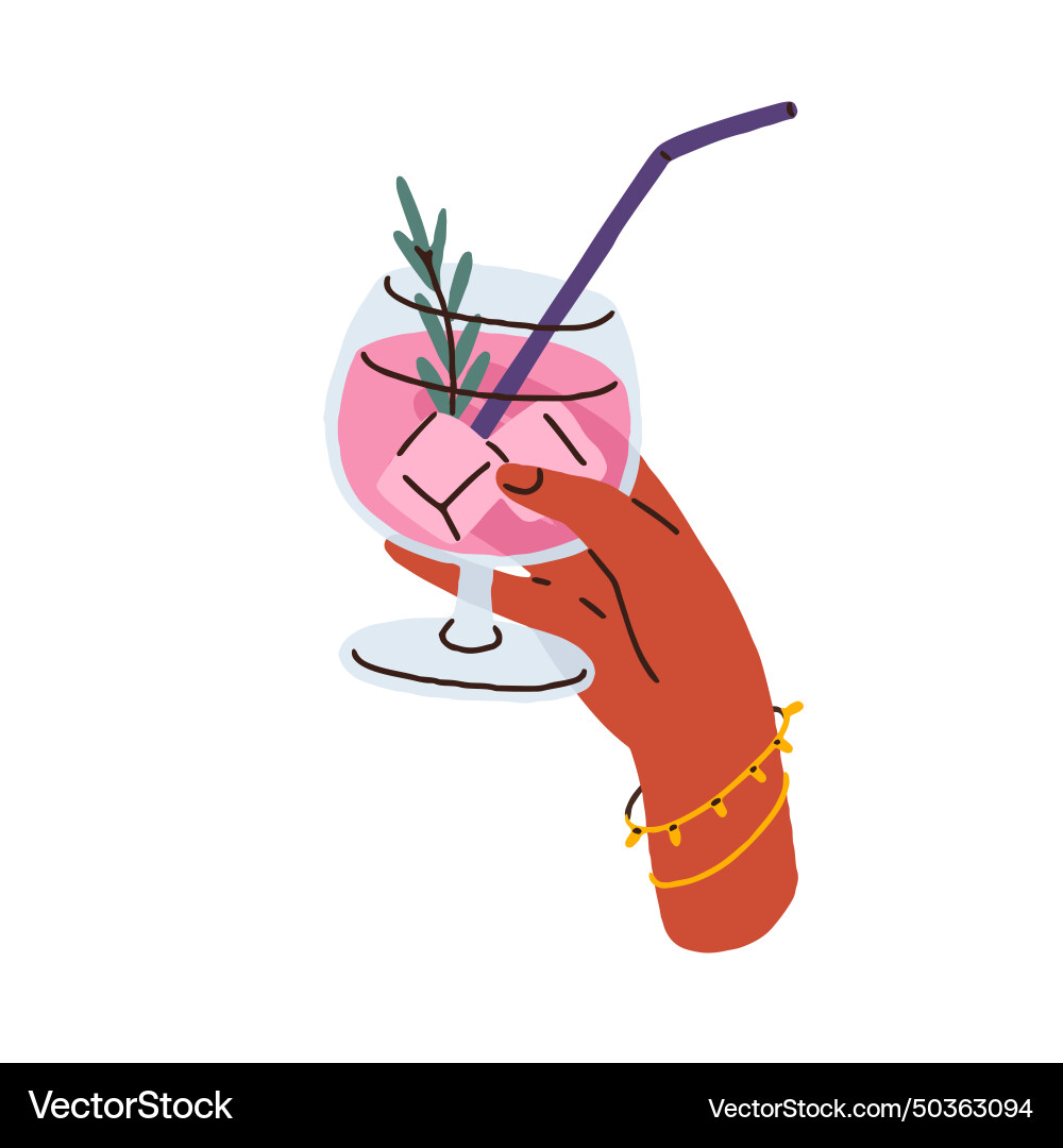 Cold cocktail in hand holding iced summer drink vector image