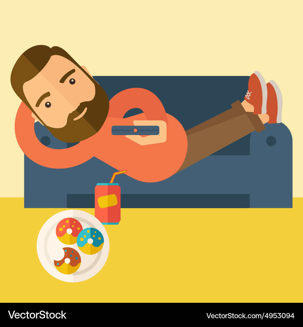 Man lying in the sofa holding a remote Vector Image