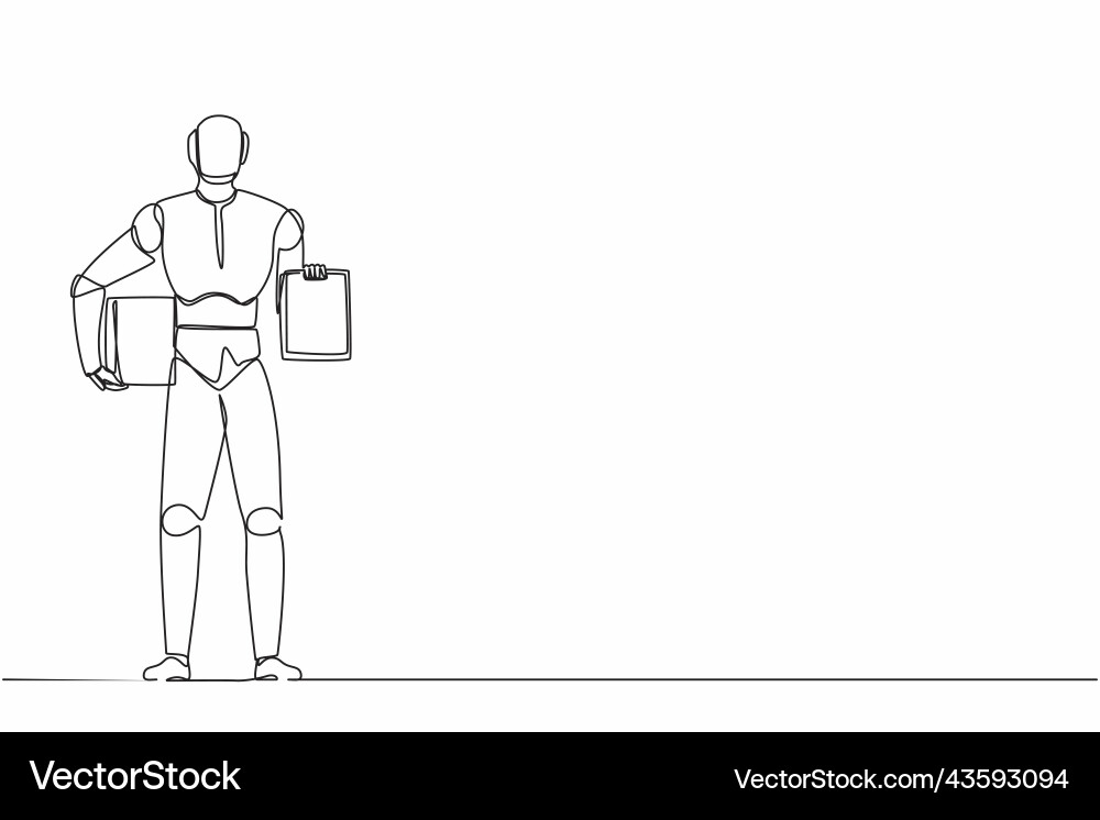 Single continuous line drawing robot holding Single continuous line drawing robot holding vector image