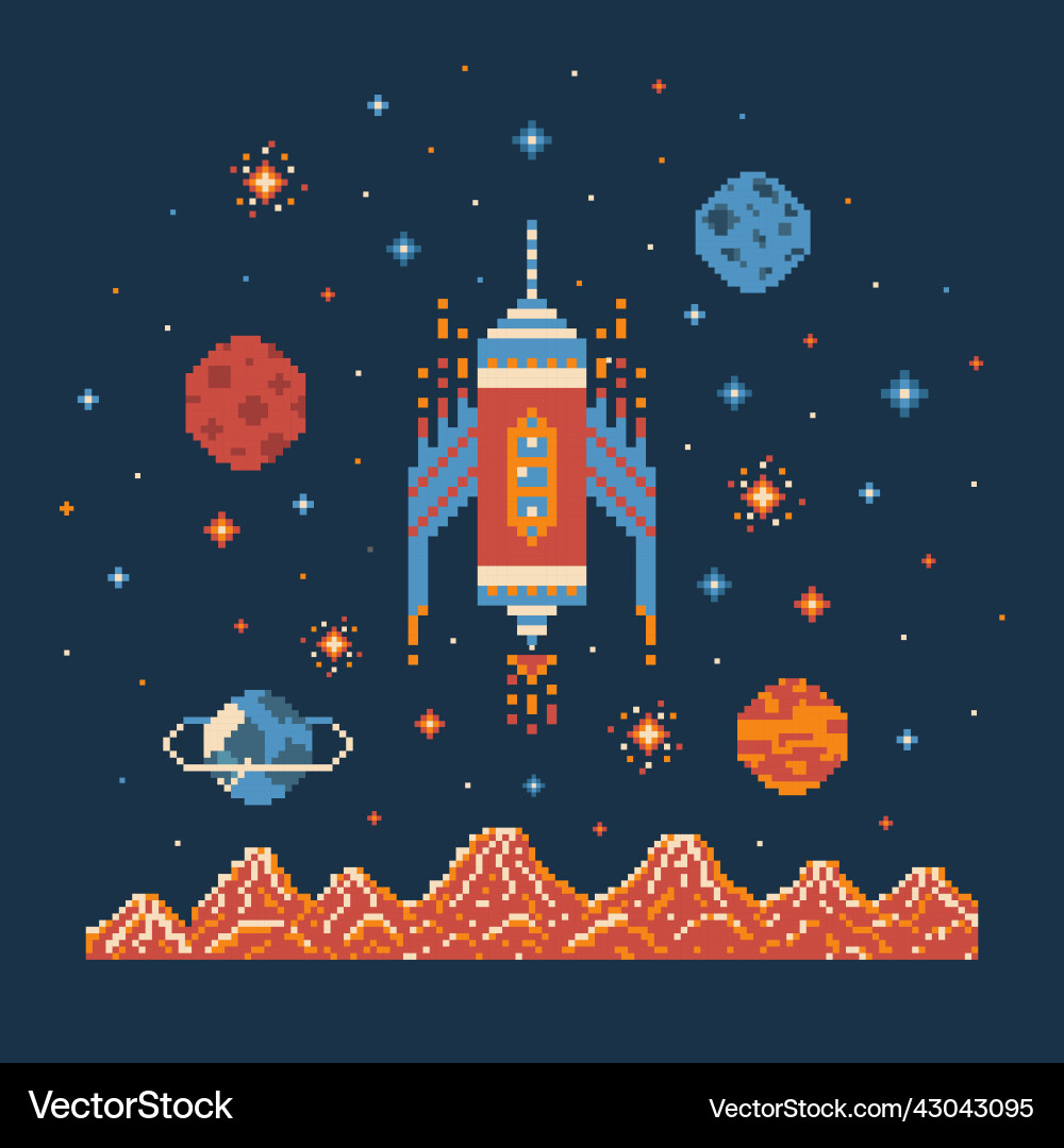 8 bit pixel art rocket in outer space 8 bit pixel art rocket in outer space vector image