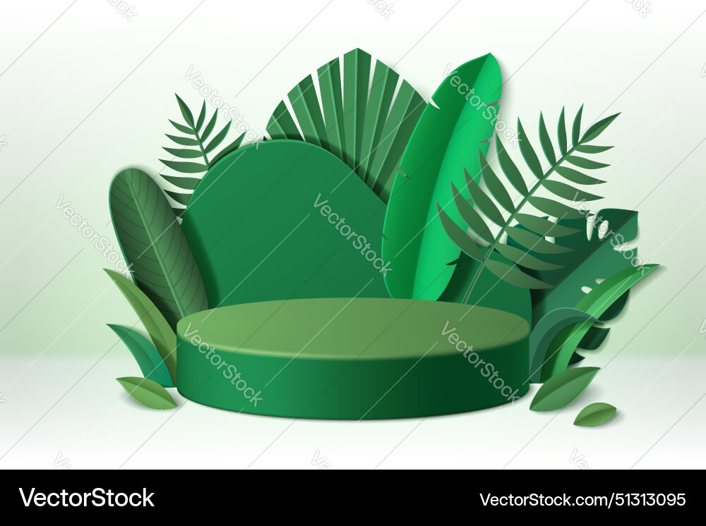 Green cylinder product podium with paper cut leaf Green cylinder product podium with paper cut leaf vector image