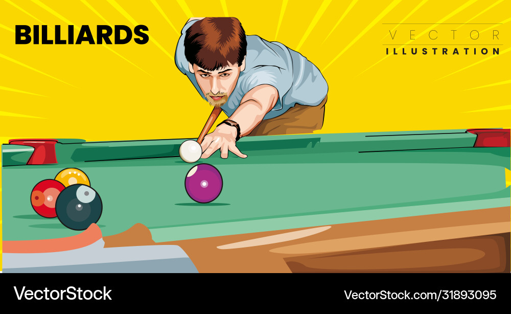 Man playing action shot billiards table pool cue Man playing action shot billiards table pool cue vector image