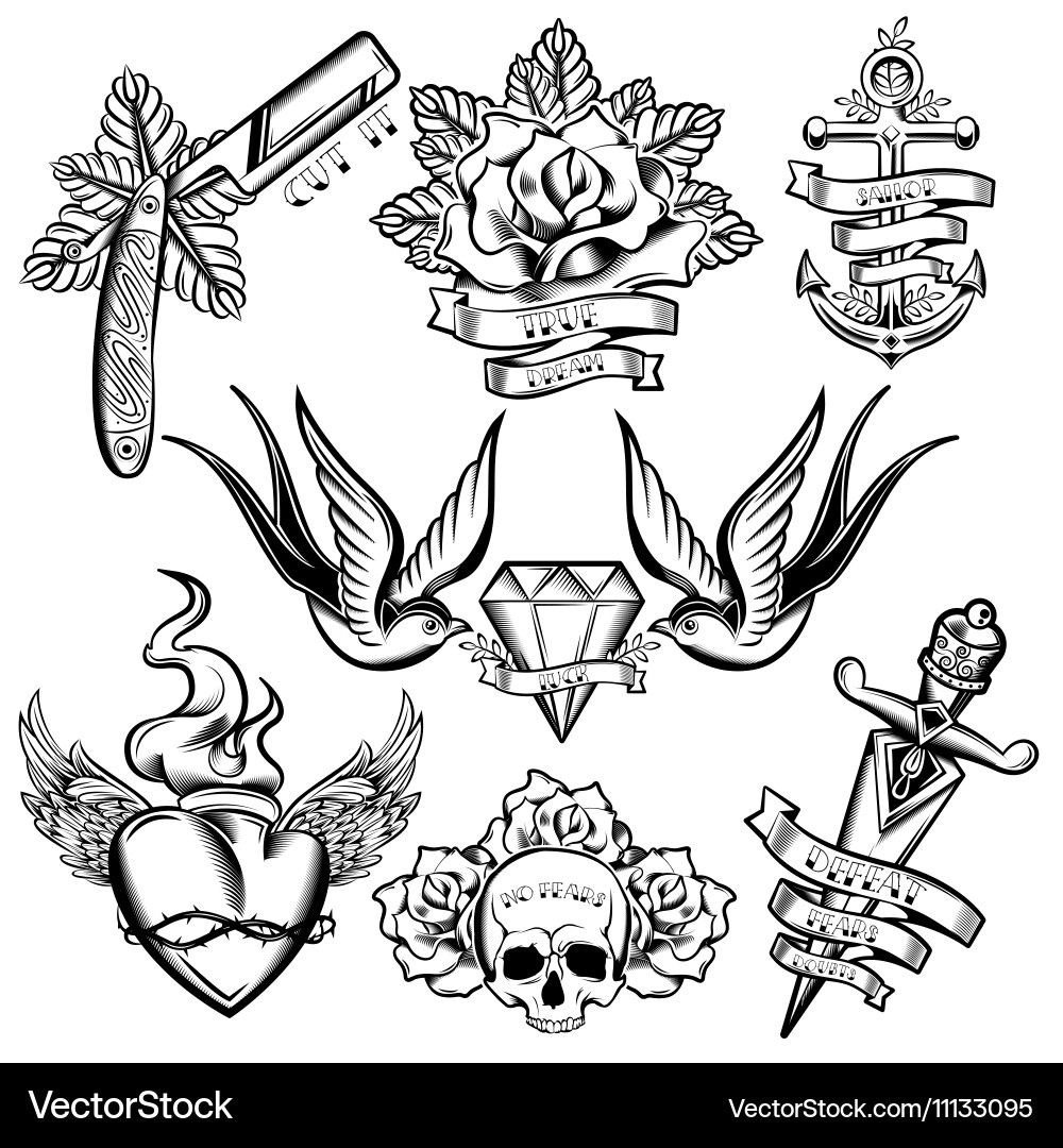 Monochrome Tattoo Elements Vector Image