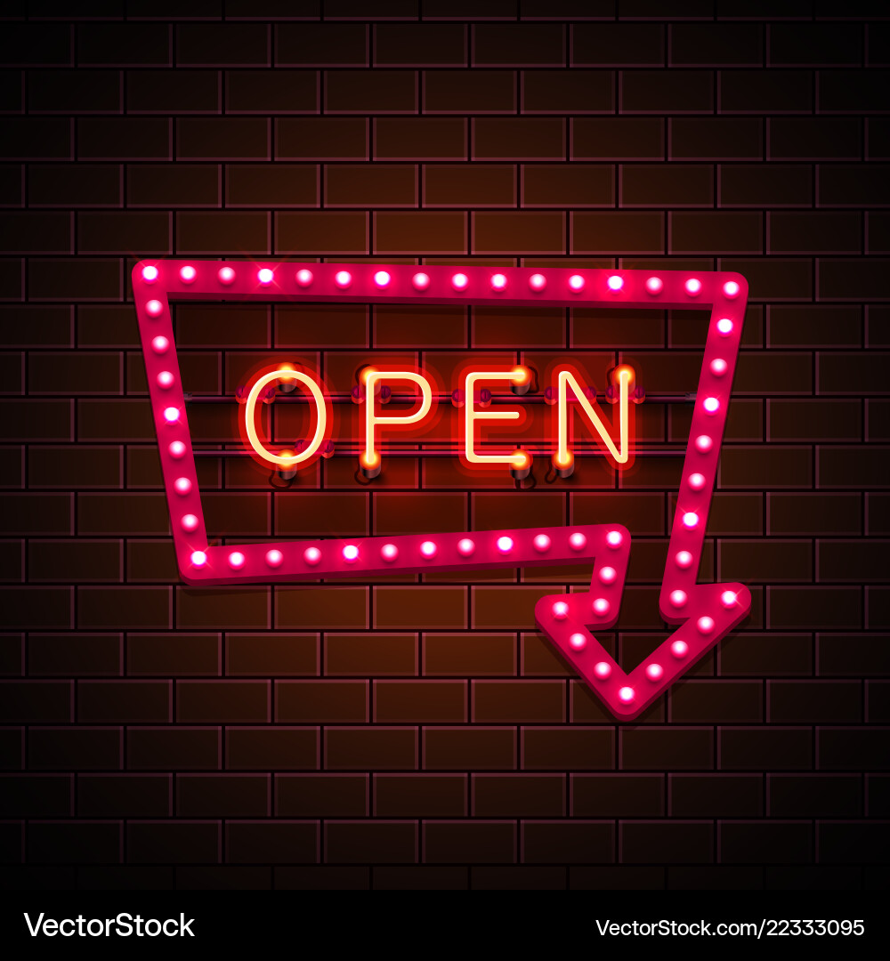 Neon sign with text open arrow Neon sign with text open arrow vector image