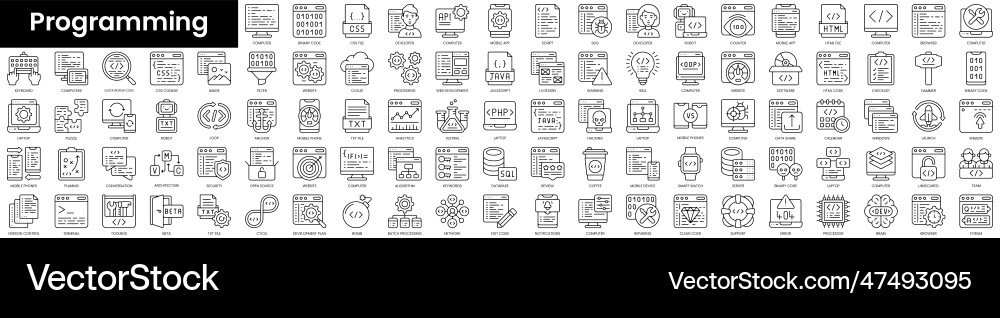 Set of outline programming icons minimalist thin Set of outline programming icons minimalist thin vector image