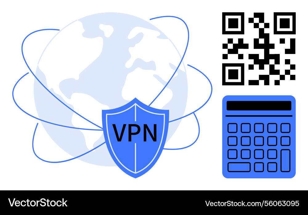 Vpn shield over globe with calculator and qr code Vpn shield over globe with calculator and qr code vector image