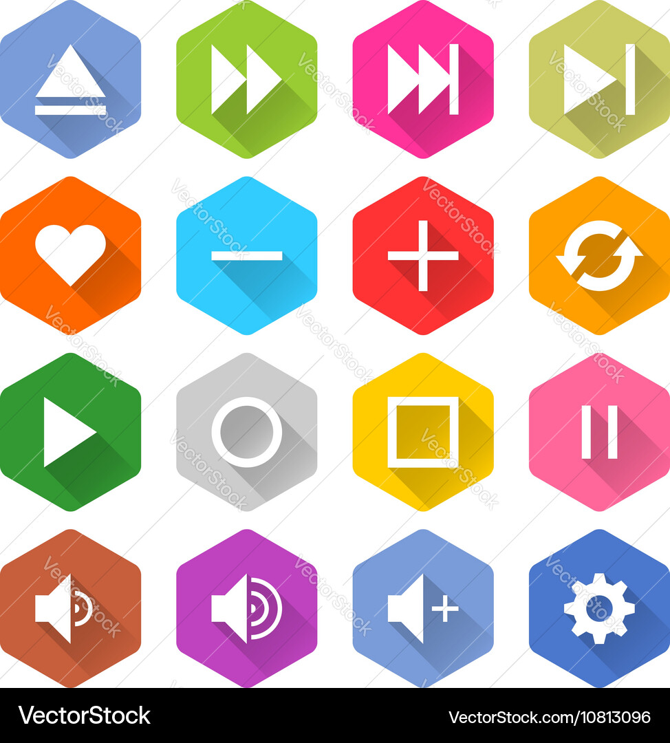 Flat media icon 16 set hexagon web button vector image
