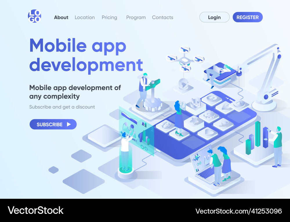 Mobile app development isometric landing page Mobile app development isometric landing page vector image