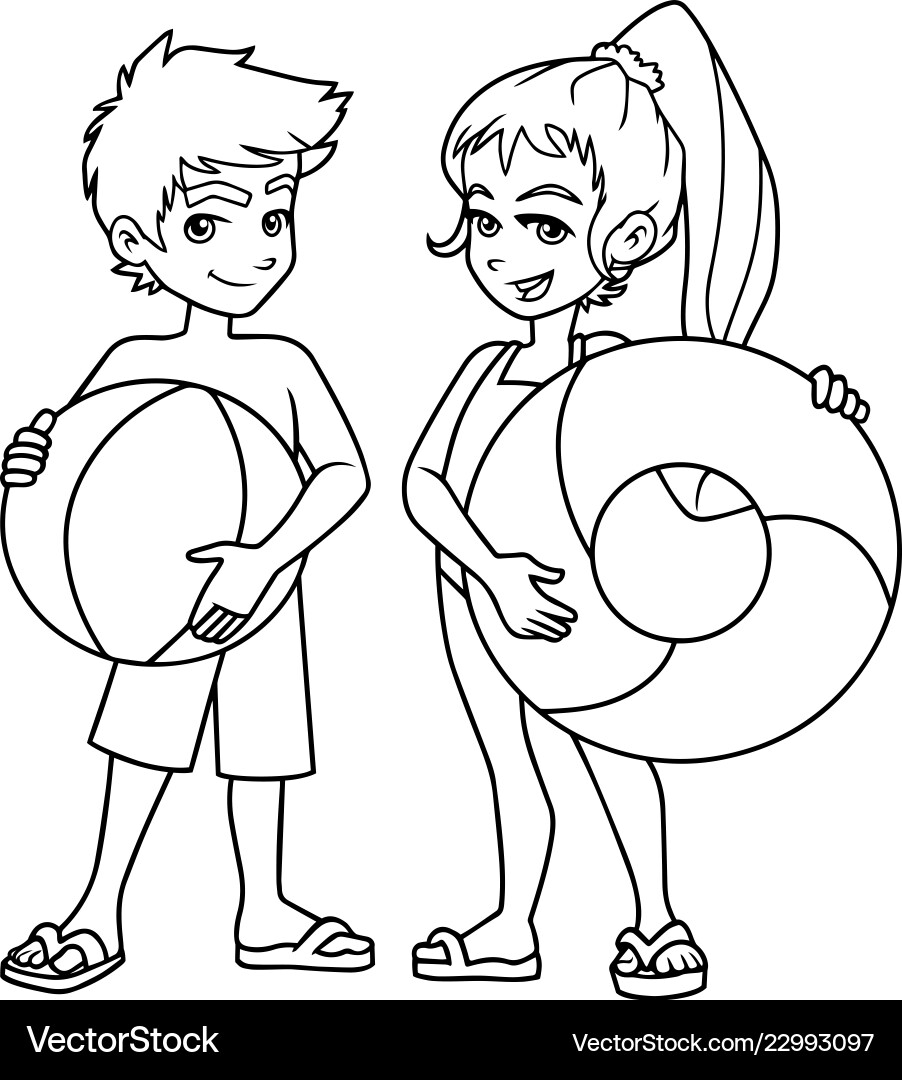 Beach kids with accessories line art Beach kids with accessories line art vector image