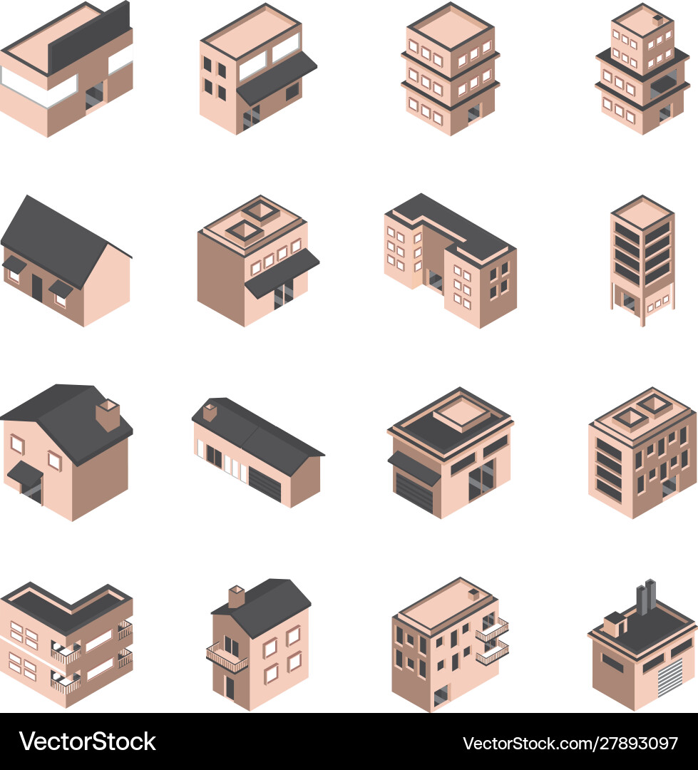 Building isometric style icons set vector image