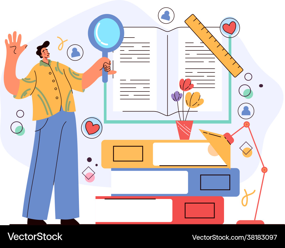 Man character read open book and searching Man character read open book and searching vector image