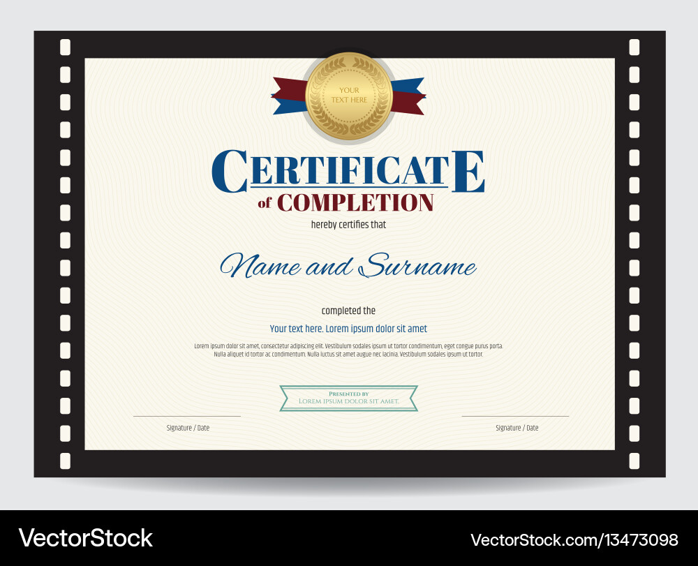 Certificate of completion template with movie Certificate of completion template with movie vector image