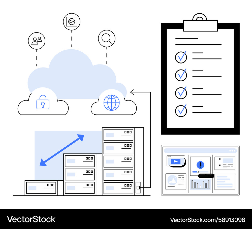 Cloud data storage with server network checklist Cloud data storage with server network checklist Vector Image