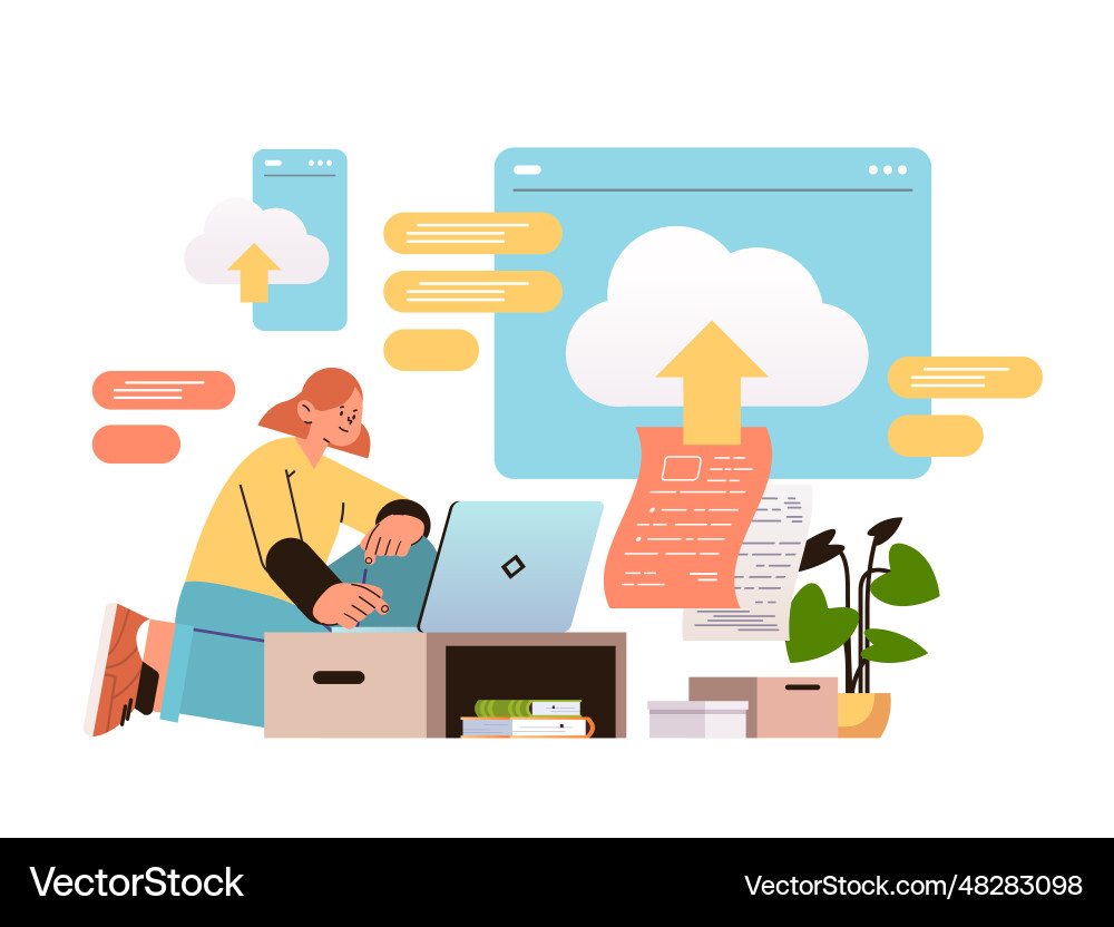 Student using laptop homework submission e Student using laptop homework submission e Vector Image