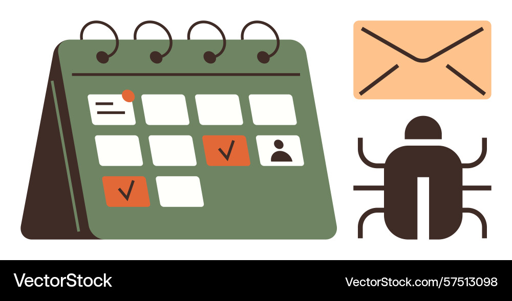 Task management calendar with bug and email Task management calendar with bug and email vector image