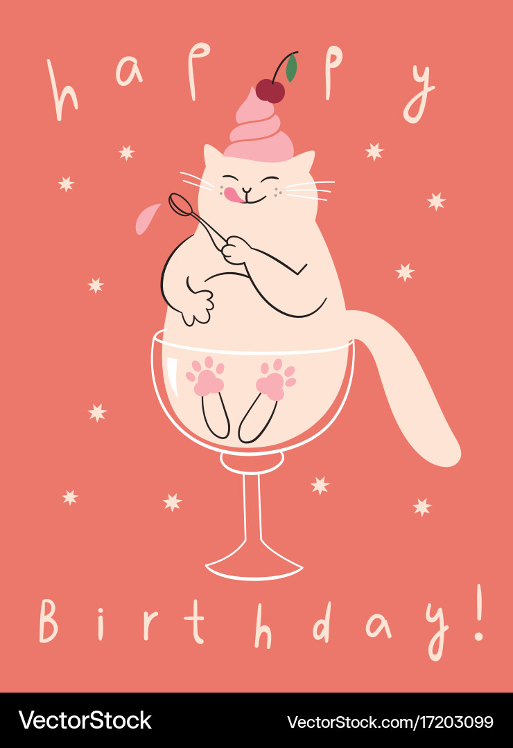 Cheerful Birthday Card with a Cute Cat Vector Image