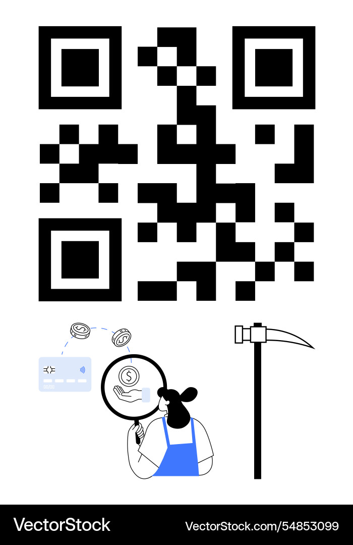Large qr code with digital wallet man analyzing Large qr code with digital wallet man analyzing vector image