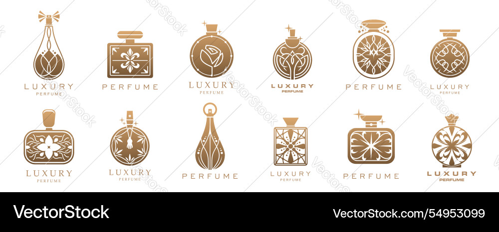Luxury perfume fragrance icons with gold bottles Luxury perfume fragrance icons with gold bottles vector image