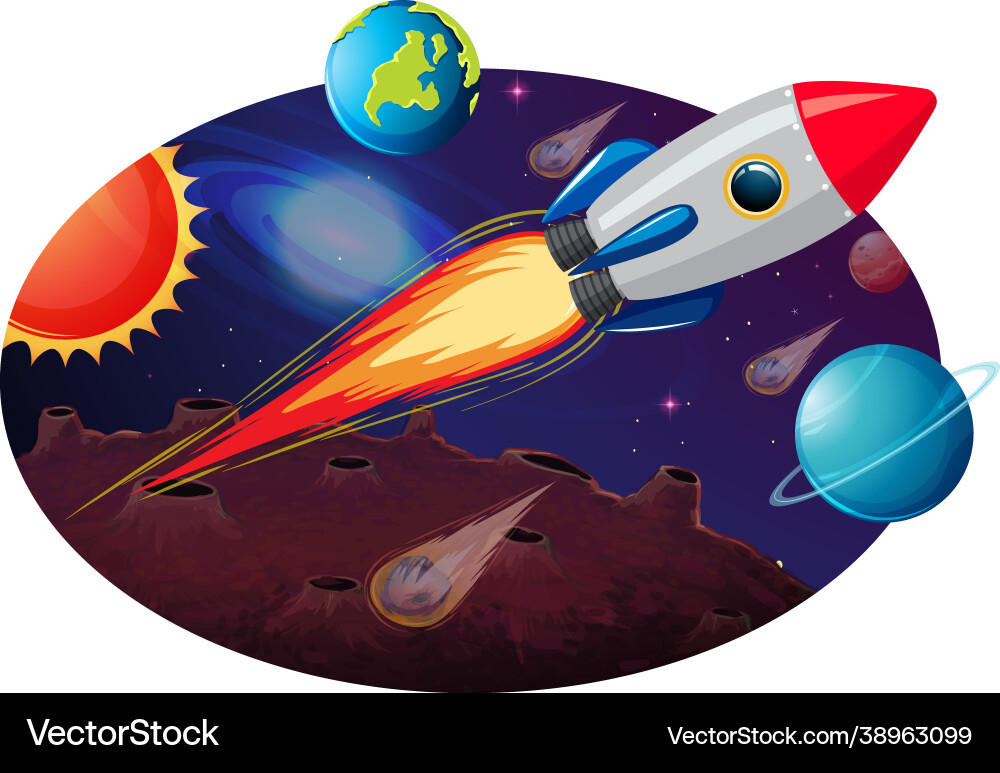 Rocket ship with many planets and asteroids Rocket ship with many planets and asteroids vector image