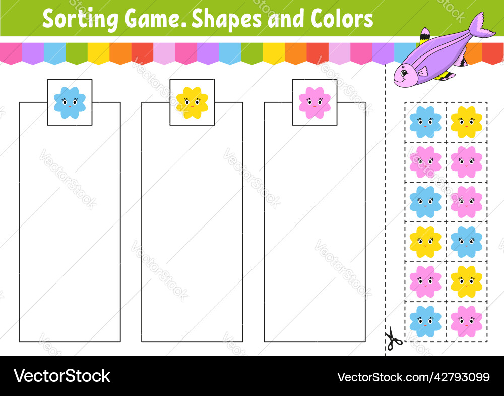 Sorting game shapes and colors cut glue vector image