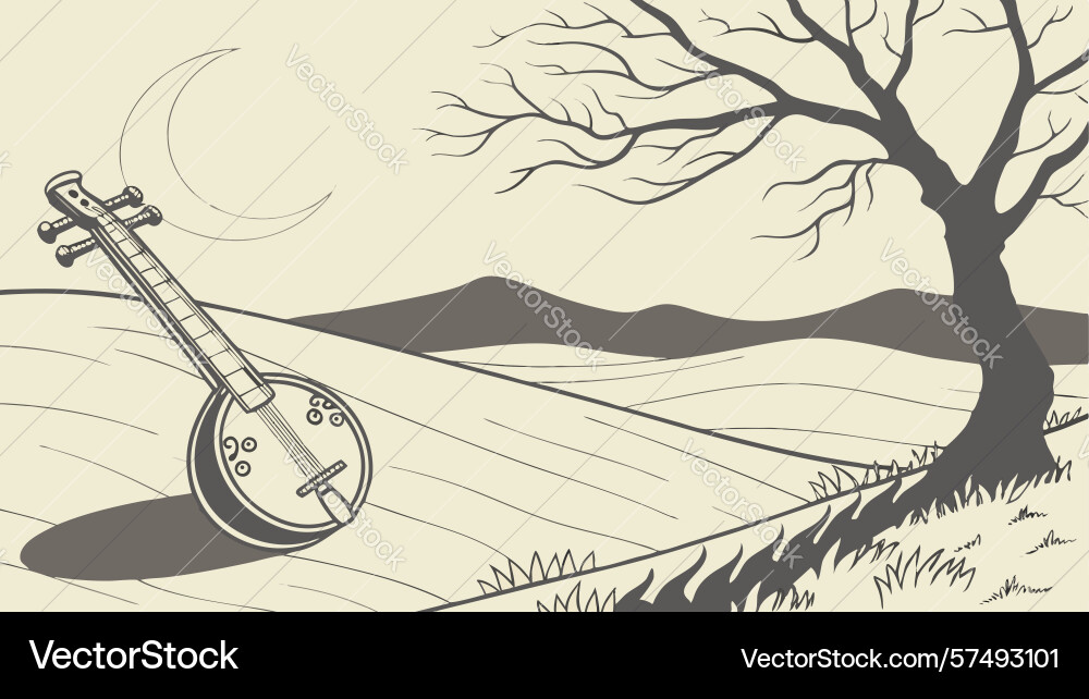 Lute in desolate landscape with bare tree vector image