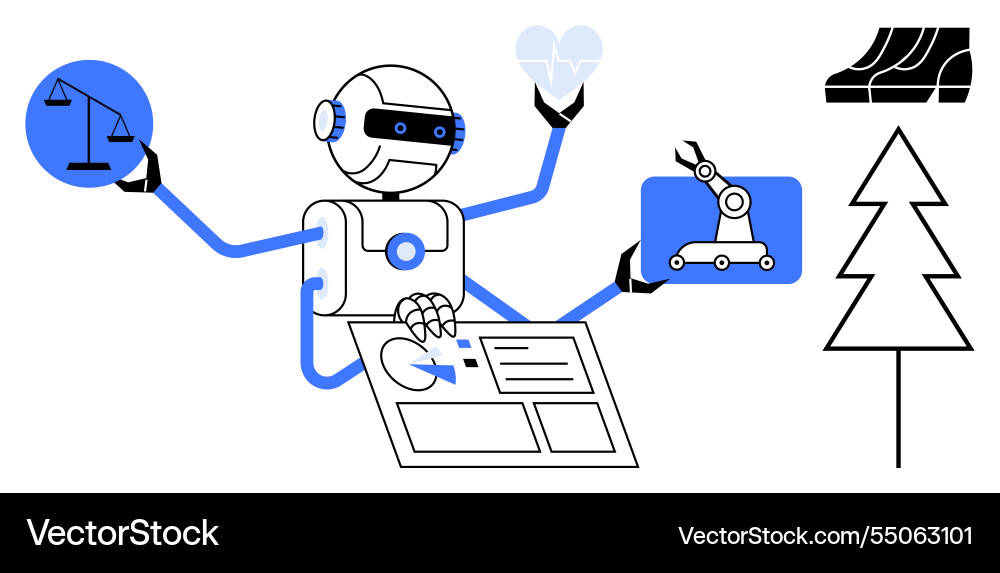 Robot with multiple arms balancing justice Robot with multiple arms balancing justice vector image
