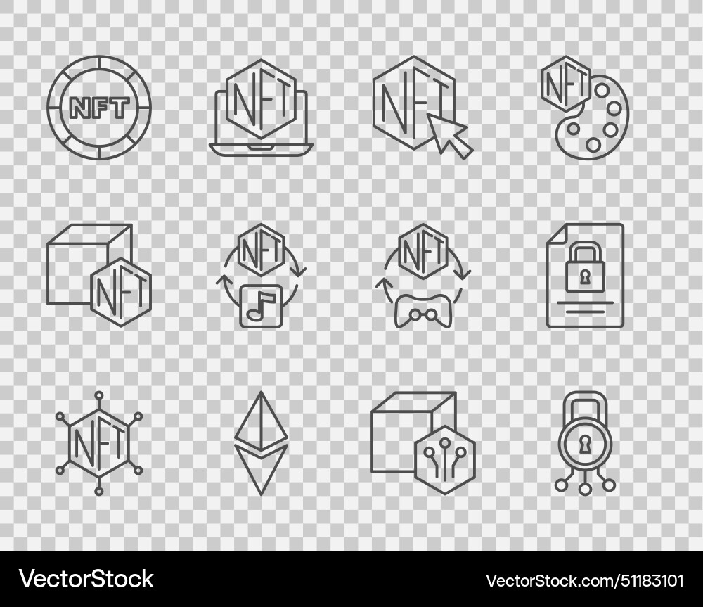 Set line nft blockchain technology cyber security Vector Image