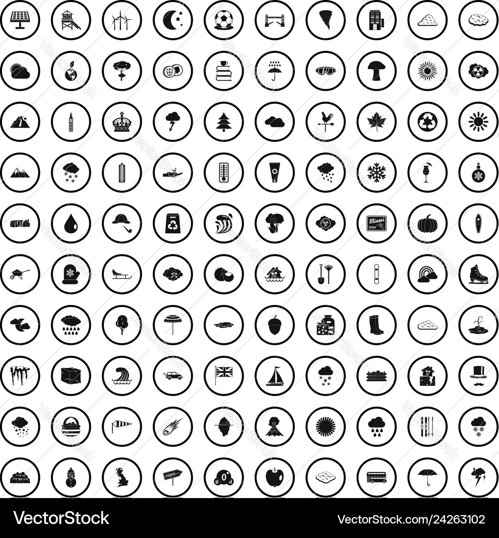 100 weather condition icons set simple style 100 weather condition icons set simple style vector image