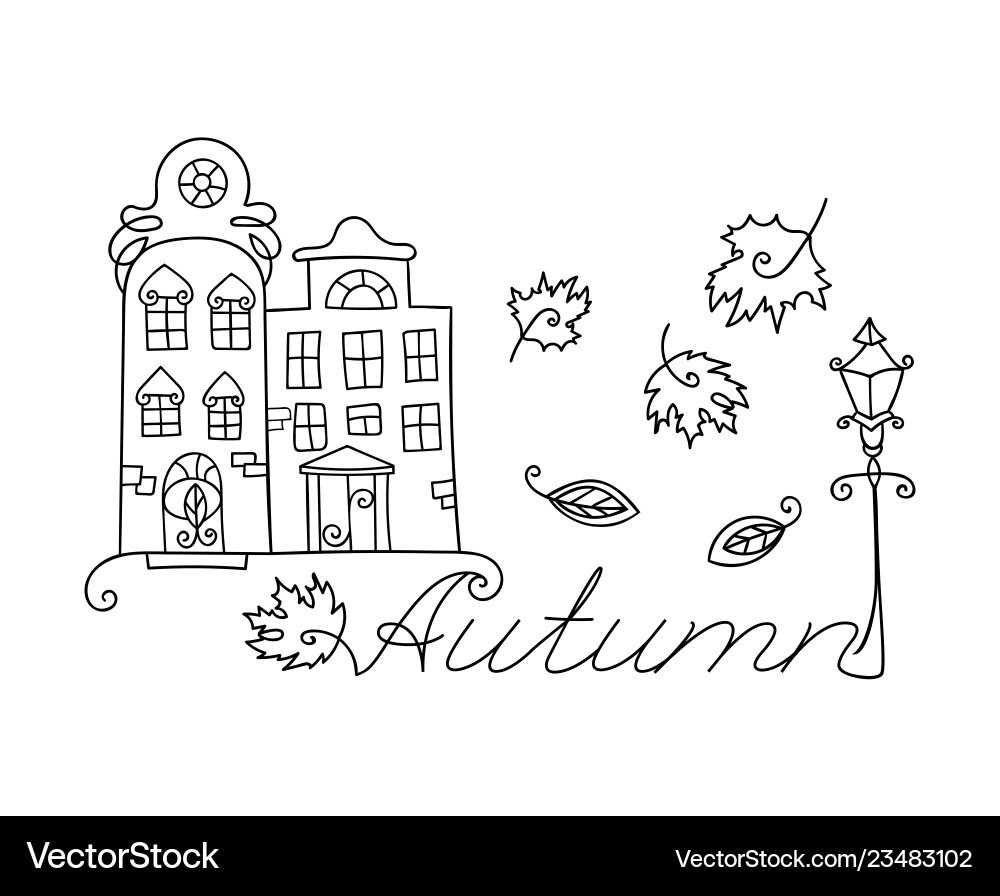 Adult coloring cute houses and autumn inscription Adult coloring cute houses and autumn inscription vector image