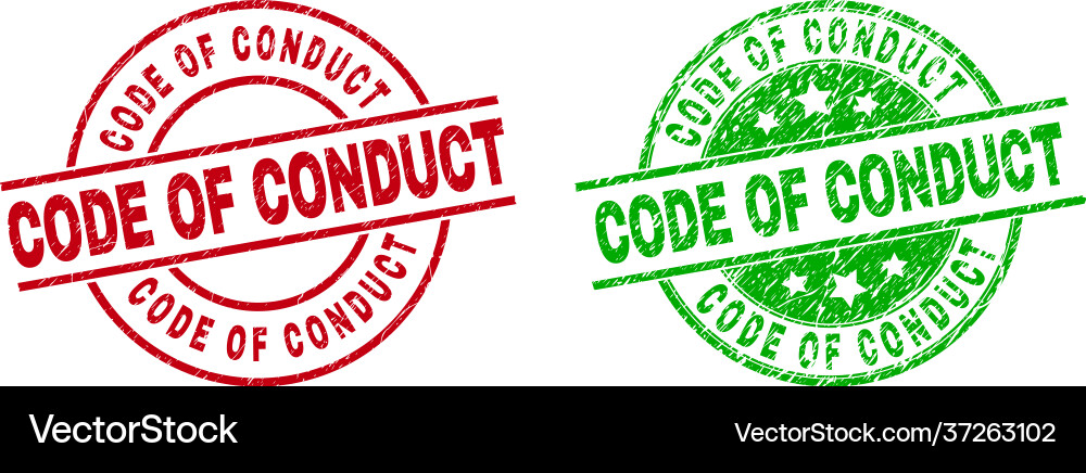 Code of conduct round stamps with scratched vector image