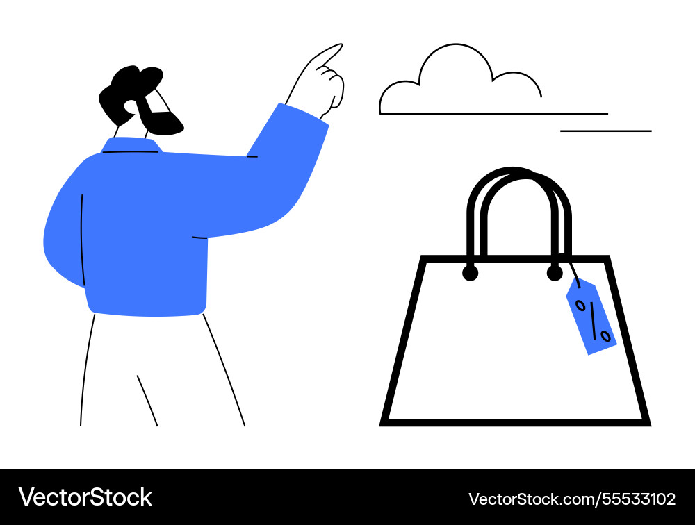 Man pointing at cloud with shopping bag and price Man pointing at cloud with shopping bag and price vector image
