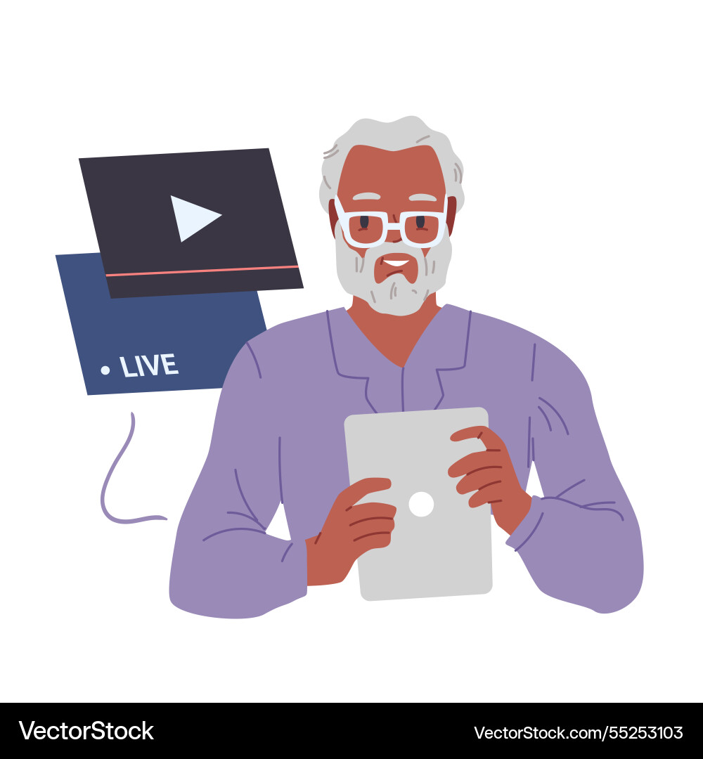 Old man using video player mobile app happy Old man using video player mobile app happy vector image