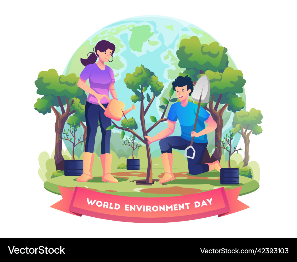 People plant and tend trees for environmental People plant and tend trees for environmental vector image