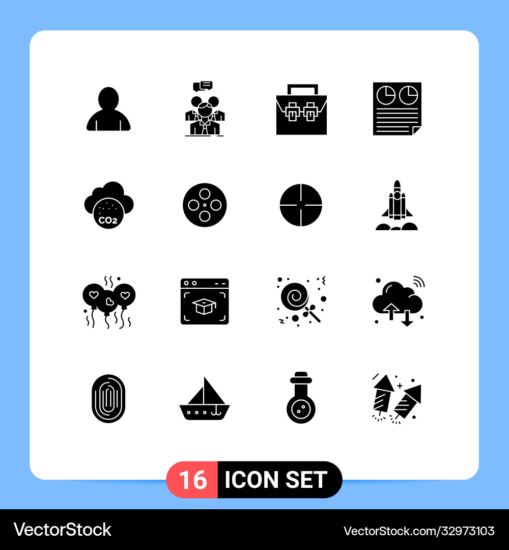 Set 16 solid glyphs on grid for report page Vector Image