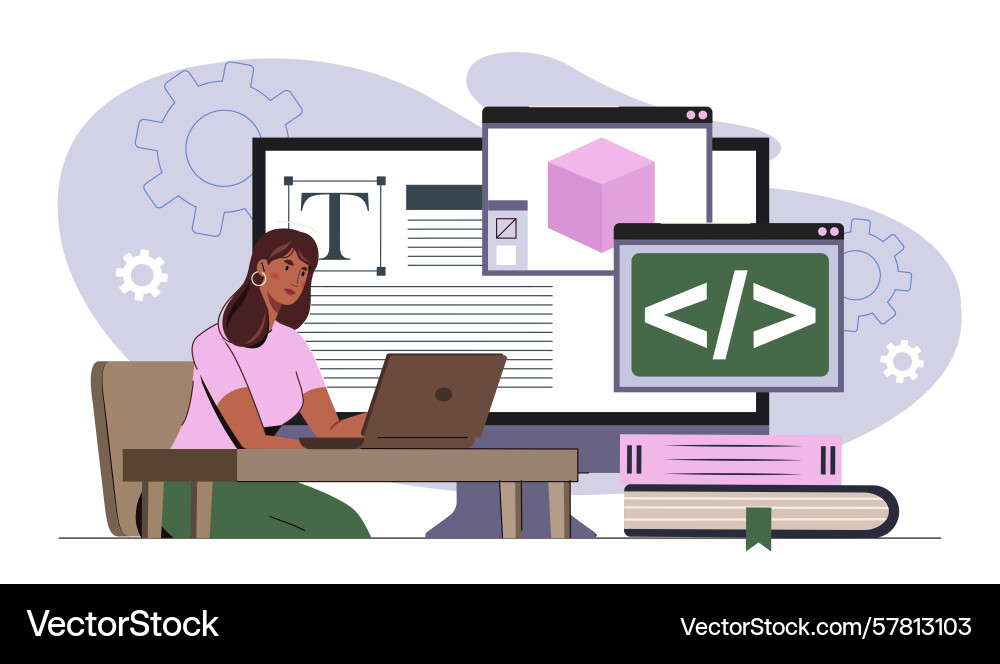 Woman coding and designing at desk Woman coding and designing at desk vector image