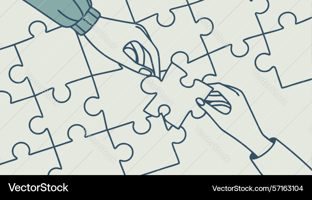 Hands assembling puzzle pieces problem solving Vector Image