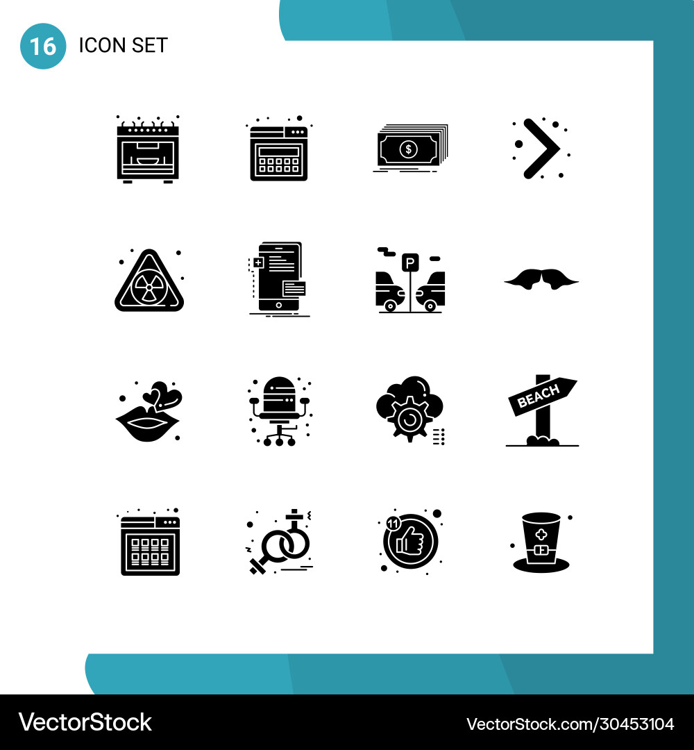 Set 16 solid glyphs on grid for frontend Vector Image