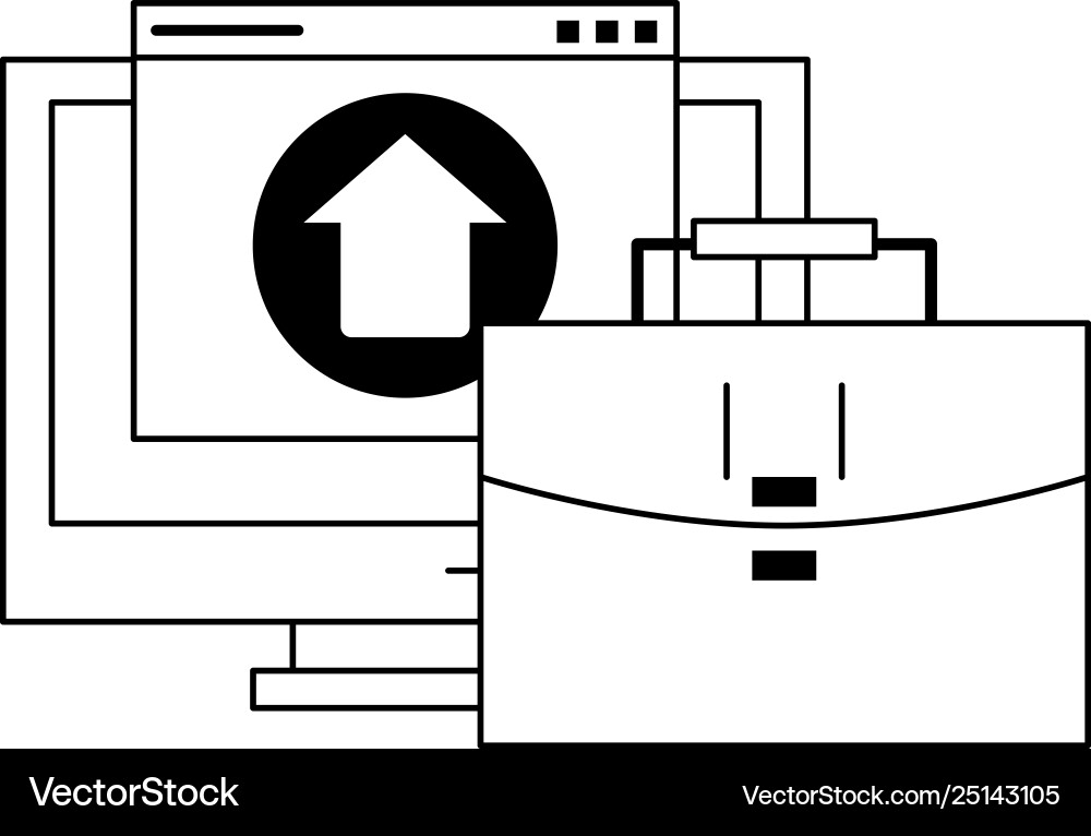 Computer with upload sign and briefcase in black Computer with upload sign and briefcase in black vector image