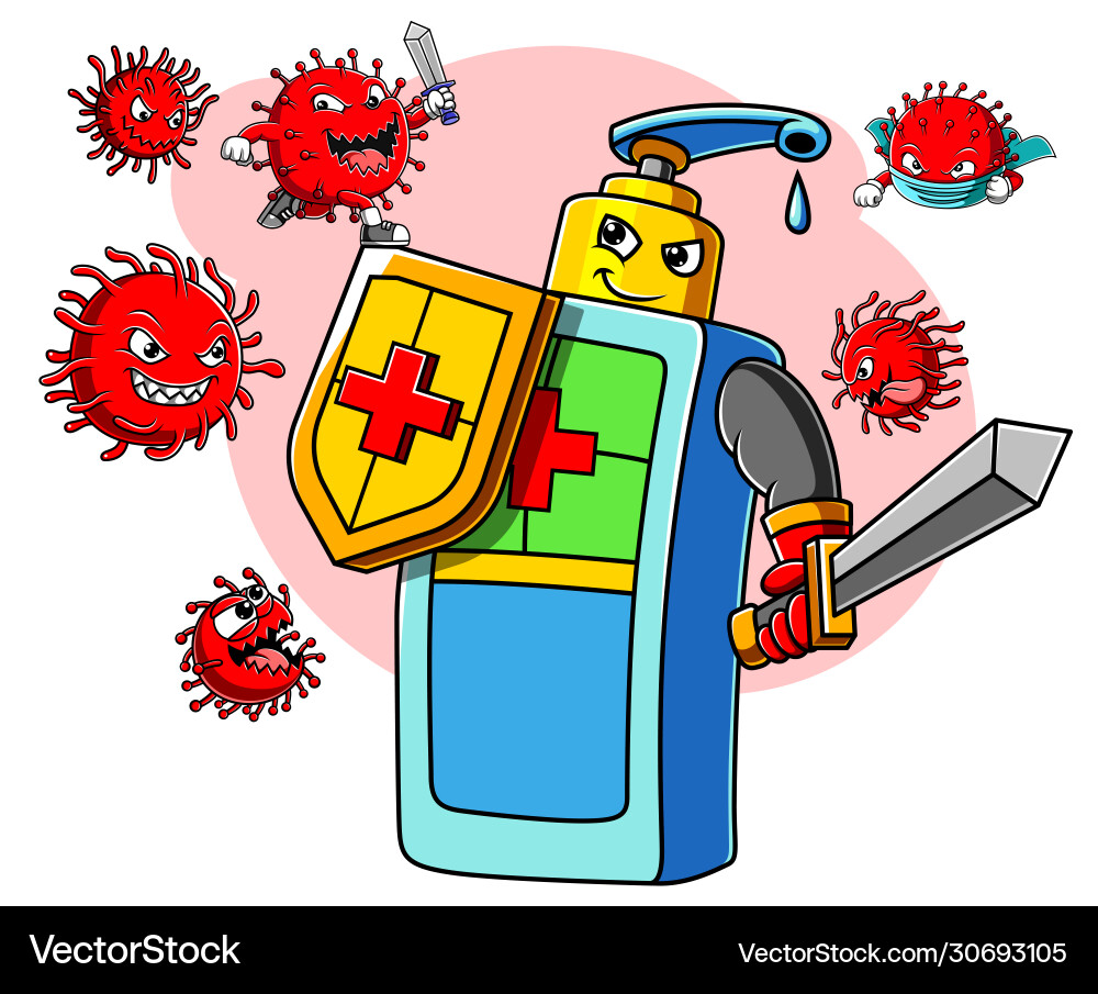 Hand sanitizer character with sword and shield Vector Image